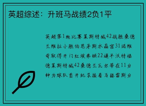 英超综述：升班马战绩2负1平