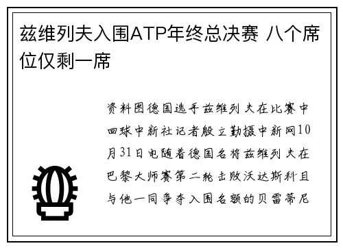 兹维列夫入围ATP年终总决赛 八个席位仅剩一席